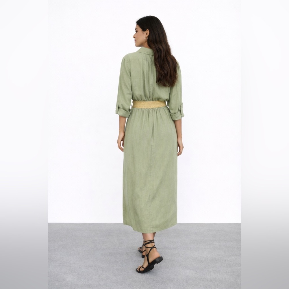 BELTED LINEN SHIRTDRESS with Slit for Casual Wear Size S - Picture 4 of 16